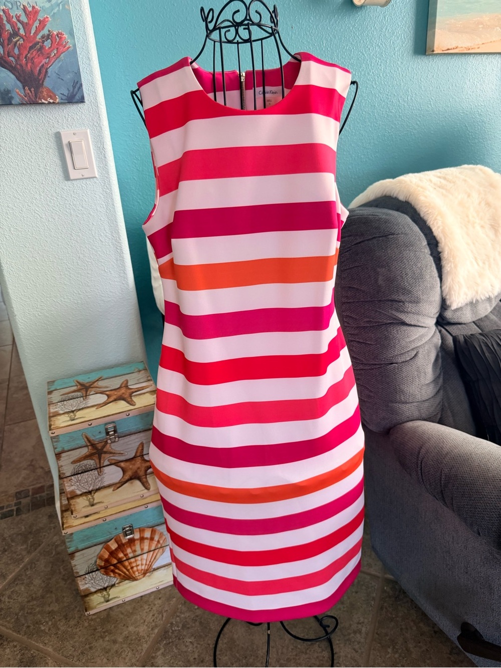 Calvin Klein Bold Pink, White & Orange Striped Midi Dress